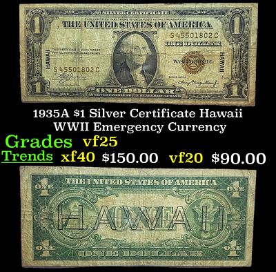 1935A $1 Silver Certificate Hawaii WWII Emergency Currency Grades vf+. FR-2300 Signatures of 