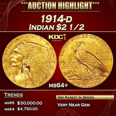 1914-d Gold Indian Quarter Eagle $2 1/2 ms64+ SEGS. Per David Akers Of PCGS "he 1914-D is the 