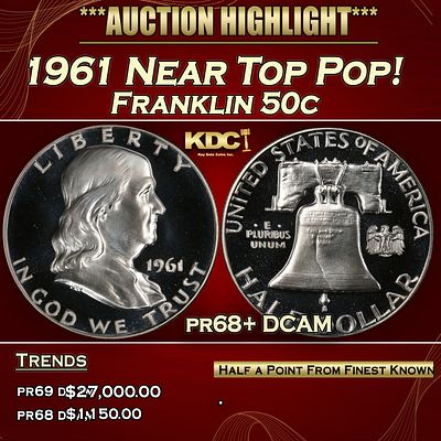 1961 Proof Franklin Half Dollar Near Top Pop! 50c pr68+ DCAM SEGS. 1961 Near Top Pop! Franklin 