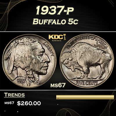 1937-p Buffalo Nickel 5c ms67 SEGS.