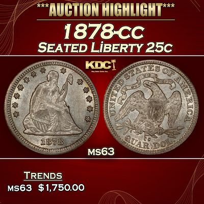 1878-cc Seated Liberty Quarter 25c ms63 USCG.