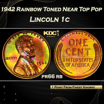 PCGS 1942 Proof Lincoln Cent Rainbow Toned Near Top Pop 1c pr66 rb PCGS. PCGS 1942 Rainbow Toned 
