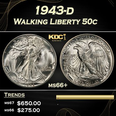 1943-d Walking Liberty Half Dollar 50c ms66+ SEGS.