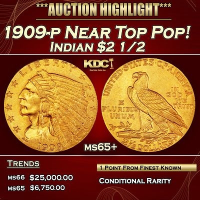 1909-p Gold Indian Quarter Eagle Near Top Pop! $2 1/2 ms65+ SEGS. 1909-p Near Top Pop! Gold 