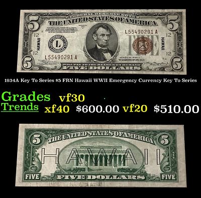 1934A $5 FRN Hawaii WWII Emergency Currency Key To Series Key To Series Grades vf++. FR-2302 