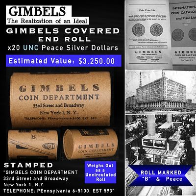 NA- 20 Coin Peace Silver Dollar GIMBLES Roll Unc B. Up For Auction is a 144- 20 Coin Peace 