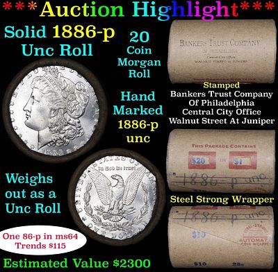 Full solid date 1886-p Uncirculated Morgan silver dollar roll, 20 coins. Full solid date 1886-p 