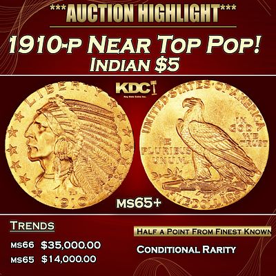 1910-p Gold Indian Half Eagle Near Top Pop! $5 ms65+ USCG. 1910-p Near Top Pop! Gold Indian Half 