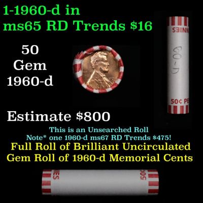 Shotgun Lincoln 1c roll, 1960-d 50 pcs Bank Wrapper.. A terrific Shotgun roll of Lincoln cents.
