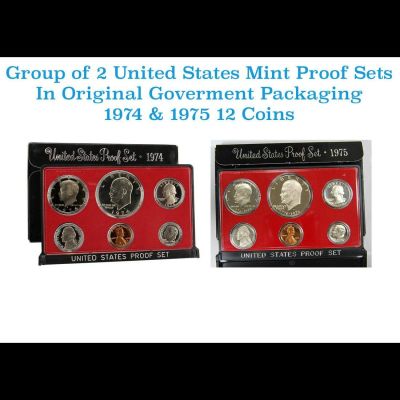 Group of 2 United States Mint Proof Sets 1974-1975 12 coins. Group of 2 United States Proof