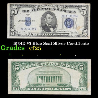 1934D $5 Blue Seal Silver Certificate Grades vf+.