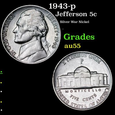 1943-p Jefferson Nickel 5c Grades Choice AU.