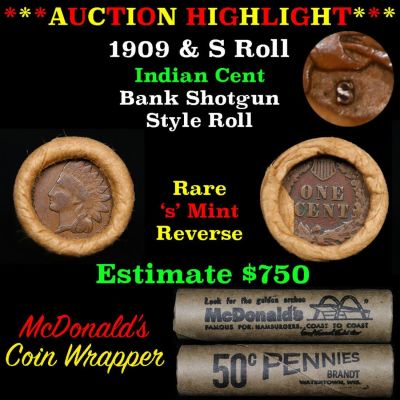 ***Auction Highlight*** Indian cent 1c orig roll, 1909 and 's' mint ends, 50 coins (fc). ***Aucti
