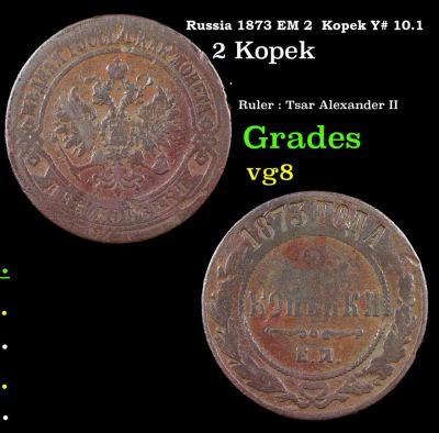Russia 1873 EM 2 Kopek Y# 10.1 Grades vg, very good. Russia 1873 EM 2 Kopek Y# 10.1 Grades vg