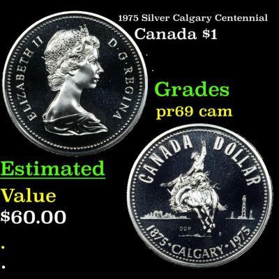 Proof 1975 Silver Calgary Centennial Canada Dollar $1 Grades GEM++ Proof Cameo. 1975 Silver