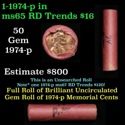 Shotgun Lincoln 1c roll, 1974-p 50 pcs Bank Wrapper.. A terrific Shotgun roll of Lincoln cents.