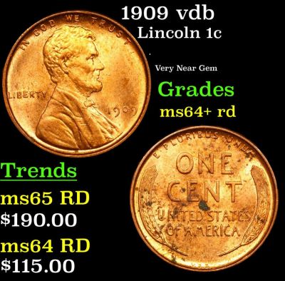 1909 vdb Lincoln 1c Grades Choice+ Unc RD. 1909 vdb Lincoln Cent 1c Grades Choice+ Unc RD. 