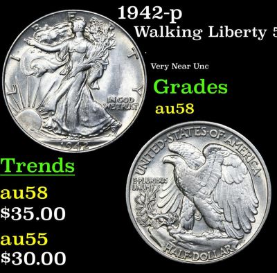 1942-p Walking Liberty 50c Grades Choice AU/BU Slider. 1942-p Walking Liberty Half Dollar 50c 