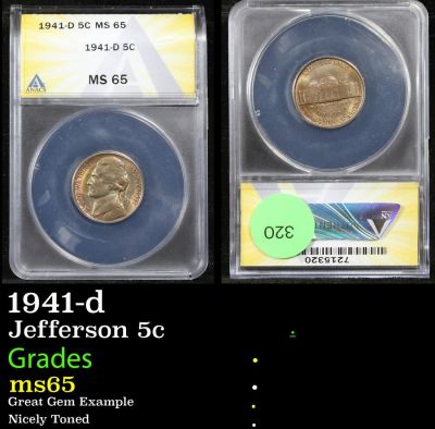1941-d Jefferson 5c Graded ms65. ANACS 1941-d Jefferson Nickel 5c Graded ms65 By ANACS.