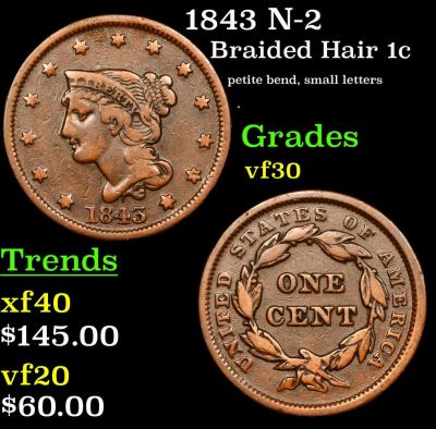 1843 N-2 Braided Hair 1c Grades vf++. 1843 N-2 Braided Hair Large Cent 1c Grades vf++.