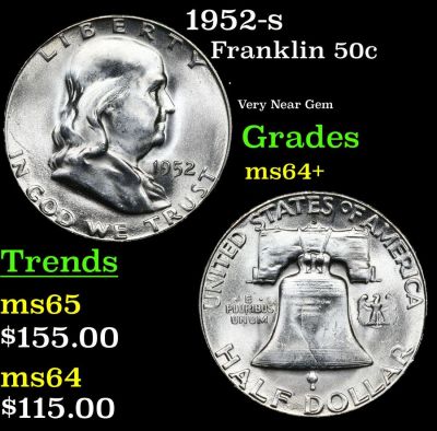 1952-s Franklin 50c Grades Choice+ Unc. 1952-s Franklin Half Dollar 50c Grades Choice+ Unc.