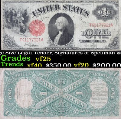 1917 $1 Large Size Legal Tender, Signatures of Spellman &amp; White, FR39 Grades vf+. This 1917 