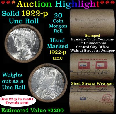 ***Auction Highlight*** Full solid date Uncirculated 1922-p Peace silver dollar roll, 20 coins. 