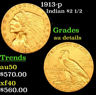 1913-p Indian $2 1/2 Grades AU Details. 1913-p Gold Indian Quarter Eagle $2 1/2 Grades AU Details.