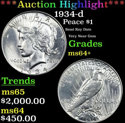 *Highlight* 1934-d Peace $1 Graded Choice+ Unc. ***Auction Highlight*** 1934-d Peace Dollar $1 
