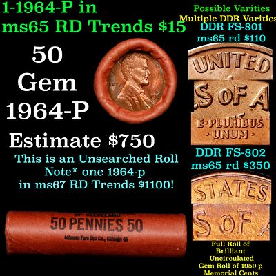 BU Shotgun Lincoln 1c roll, 1964-p 50 pcs Federal Reserve Bank of Cleveland Wrapper 50c.