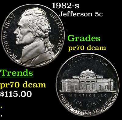 1982-s Proof Jefferson Nickel 5c pr70 dcam SEGS. 1982-s Jefferson Nickel 5c pr70 dcam SEGS.