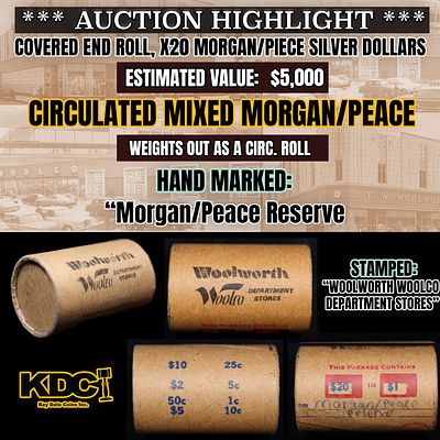 High Value - Mixed Covered End Roll - Marked "Morgan/Peace Reserve" - Weight shows x20 Coins 