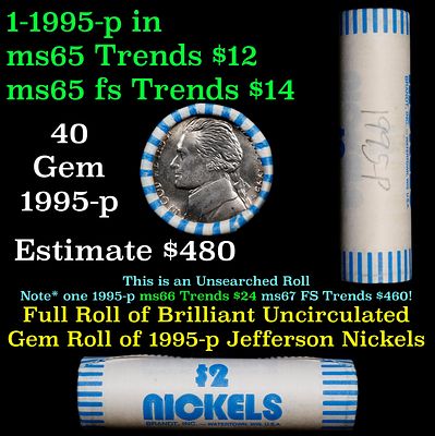 BU Shotgun Jefferson 5c roll, 1995-p 40 pcs Bank $2 Nickel Wrapper. BU Shotgun Jefferson 5c 