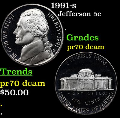 1991-s Proof Jefferson Nickel 5c pr70 dcam SEGS. 1991-s Jefferson Nickel 5c pr70 dcam SEGS.