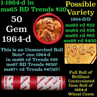 BU Shotgun Lincoln 1c roll, 1964-d 50 pcs Dunbar Wrapper 50c. A terrific Shotgun roll of 