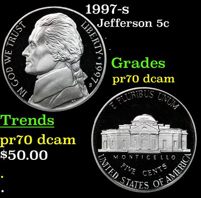 1997-s Proof Jefferson Nickel 5c pr70 dcam SEGS. 1997-s Jefferson Nickel 5c pr70 dcam SEGS.