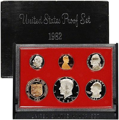 1982 United States Mint Proof Set 5 coins. Includes 5 Very Deep Cameo Proof Coins, Plus The 