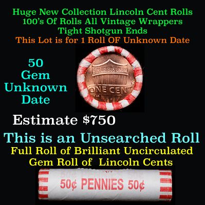 BU Shotgun Lincoln 1c roll, Unknown Date 50 pcs Bank Wrapper 50c. A terrific Shotgun roll of 