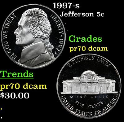 1997-s Proof Jefferson Nickel 5c pr70 dcam SEGS. 1997-s Jefferson Nickel 5c pr70 dcam SEGS.