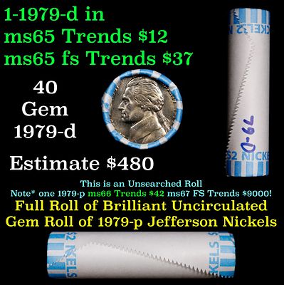 BU Shotgun Jefferson 5c roll, 1979-d 40 pcs Bank $2 Nickel Wrapper. BU Shotgun Jefferson 5c 