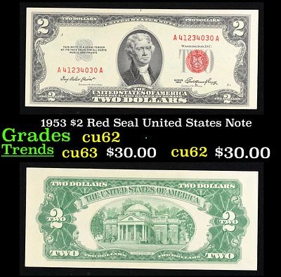 1953 $2 Red Seal United States Note Grades Select CU. 1953 red print two dollar bills can be 