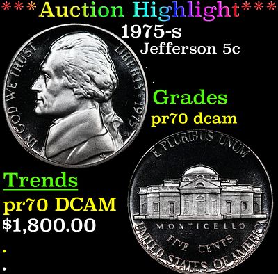 ***Auction Highlight*** 1975-s Proof Jefferson Nickel 5c pr70 dcam SEGS (fc). ***Auction 