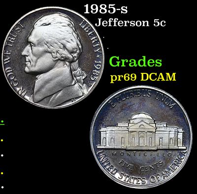 1985-s Proof Jefferson Nickel 5c Grades GEM++ Proof Deep Cameo. 1985-s Jefferson Nickel 5c 