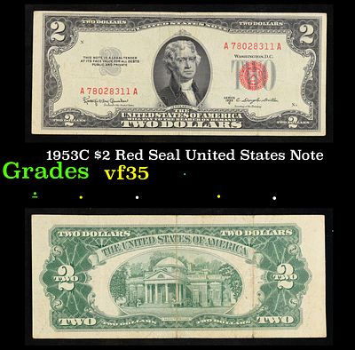 1953C $2 Red Seal United States Note Grades vf++. 1953 red print two dollar bills can be broke 