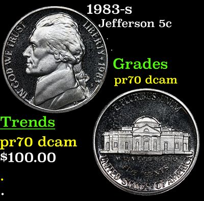 1983-s Proof Jefferson Nickel 5c Graded pr70 dcam By SEGS. 1983-s Jefferson Nickel 5c Graded 