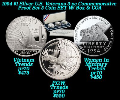 1994 $1 Silver U.S. Veterans 3-pc Commemorative Proof Set 3 Coin SET W/ Box & COA. Product 