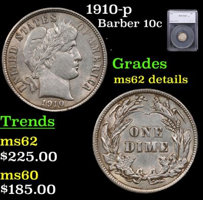 1910-p Barber Dime 10c Graded ms62 details By SEGS.