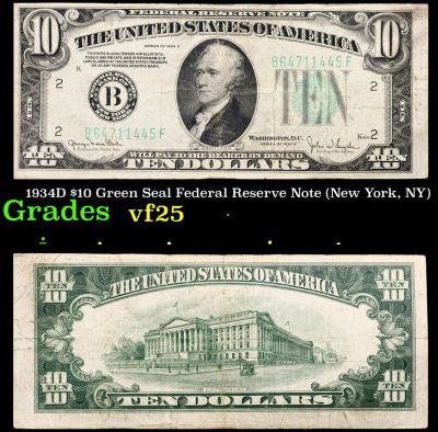 1934D $10 Green Seal Federal Reserve Note (New York, NY) Grades vf+.