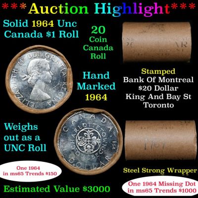 ***Auction Highlight*** Full Roll of Silver 1964 Canadian Dollar with Queen Elizabeth II, 20