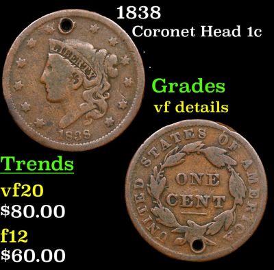 1838 Coronet Head Large Cent 1c Grades vf details.
